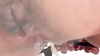 Pissing on Glass. Anus Swells When I Push My Pee. Close-up.