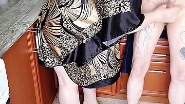 roommate jerks off my cock in the kitchen