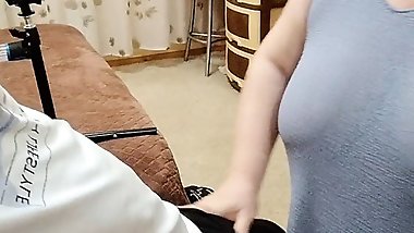 fat girl jerks off my dick with massaging movements and sucks it until I cum