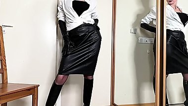 Worship my stockinged legs in black patent stiletto boots. Lick the soles of my boots clean.