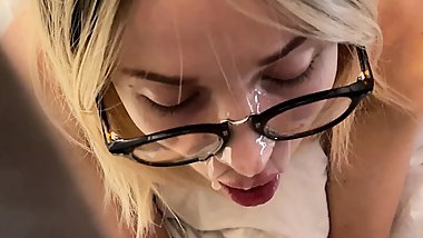 stepmom gave a blowjob and got cum on glasses