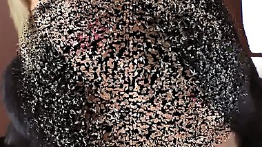 Sexy blonde fur coat milf jerks off her chaste slave in her brown pantyhose