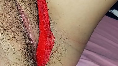 My girlfriend surprises me with her big hairy pussy to celebrate Valentine's Day in a sexy red bikini