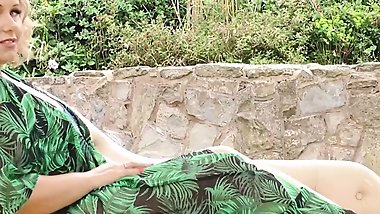 Oiled chubby mature wife feeding her pussy