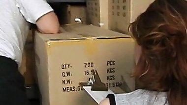 Hairy MILF gets her pussy licked and fucked on boxes in warehouse