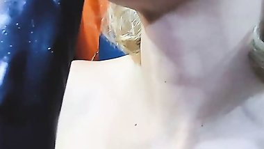 Deepthroating a big black dildo and finishing by fucking pussy