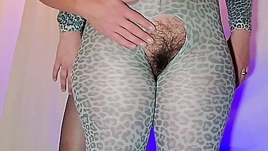 Showing Off Her Hairy Pussy and Big Ass in Sexy Bodystockings