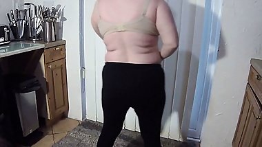 British Mom strips off in the kitchen Sweater and leggings with Underwear