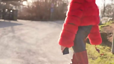 Walking in red boots