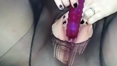 BBW wife in pantyhose drills her cunt with a dildo