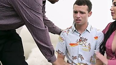 Busty stepmom sucks shy stepson in kinky threesome