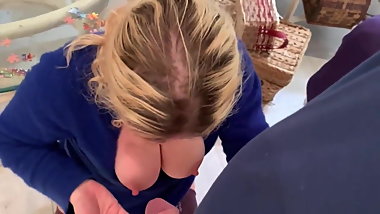 Stepmom has her tits out and wants to fuck in the living room